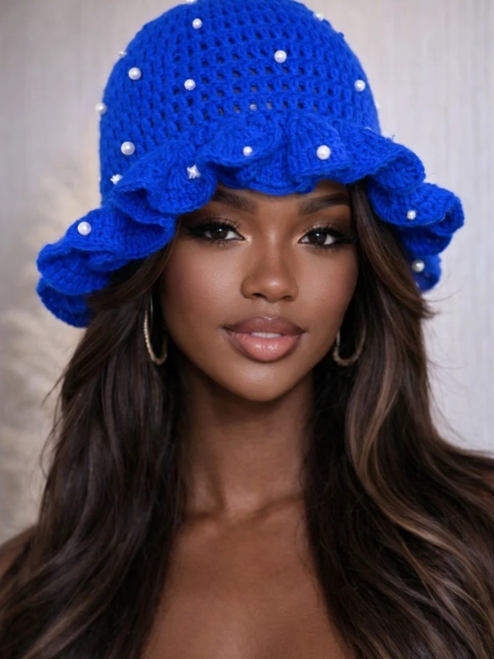 Blue Pearl-Embellished Crochet Bucket Hat - Women Accessories